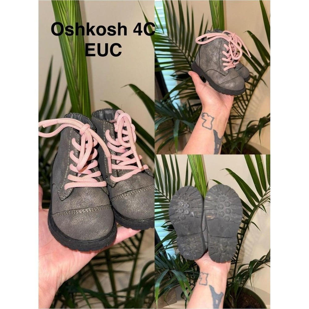 OshKosh Bgosh Gray Toddler Boots Pink Laces Girls Size 4 Treaded Sole Shoes